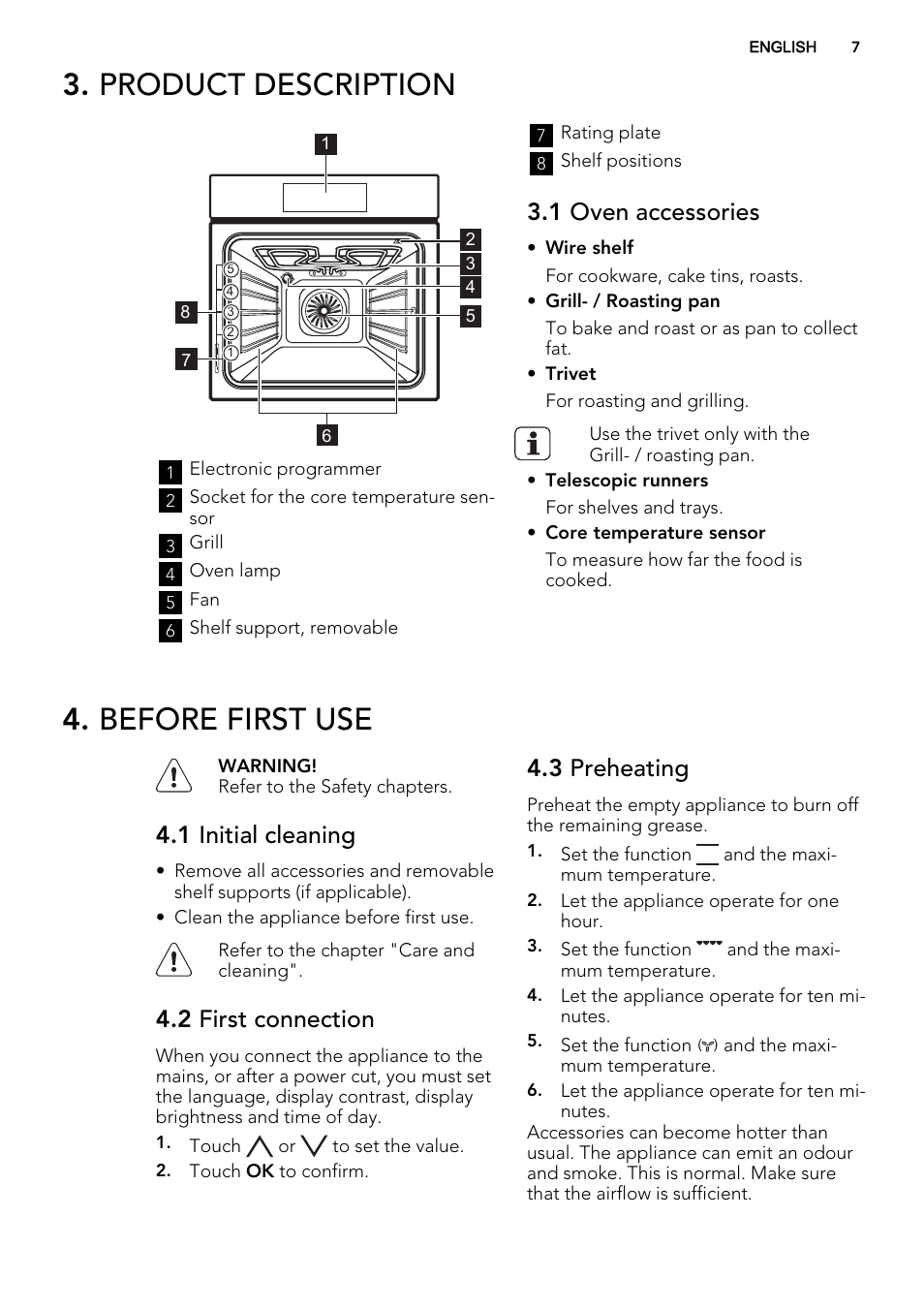 Product description, Before first use, 1 oven accessories | 1 initial cleaning, 2 first connection, 3 preheating | AEG BP8615001M User Manual | Page 7 / 36