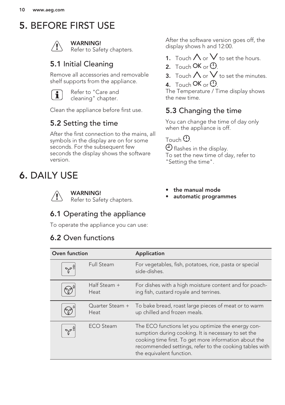 Before first use, 1 initial cleaning, 2 setting the time | 3 changing the time, Daily use, 1 operating the appliance, 2 oven functions, Before first use 6. daily use | AEG BS7304001M User Manual | Page 10 / 48