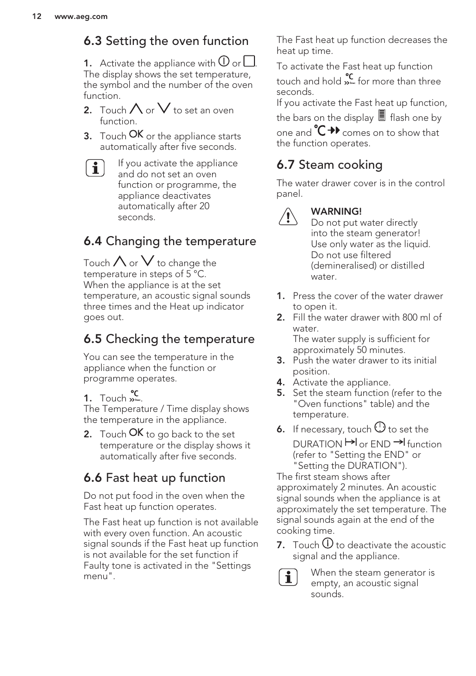 3 setting the oven function, 4 changing the temperature, 5 checking the temperature | 6 fast heat up function, 7 steam cooking | AEG BS7304001M User Manual | Page 12 / 48