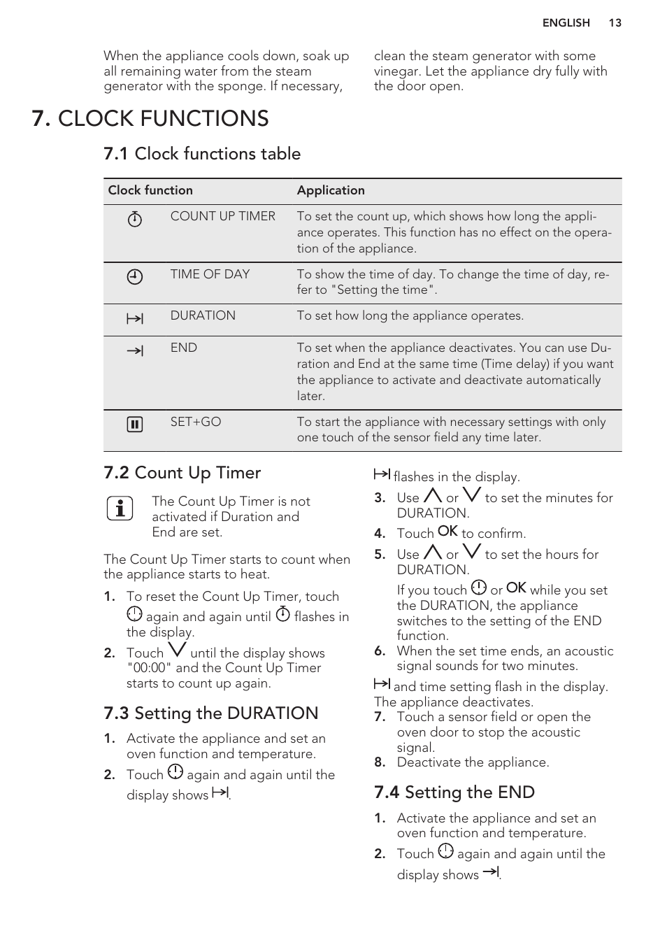 Clock functions, 1 clock functions table, 2 count up timer | 3 setting the duration, 4 setting the end | AEG BS7304001M User Manual | Page 13 / 48