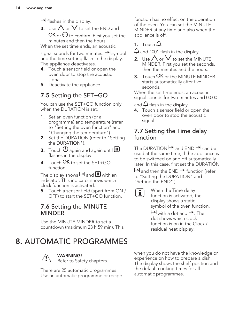 5 setting the set+go, 6 setting the minute minder, 7 setting the time delay function | Automatic programmes | AEG BS7304001M User Manual | Page 14 / 48
