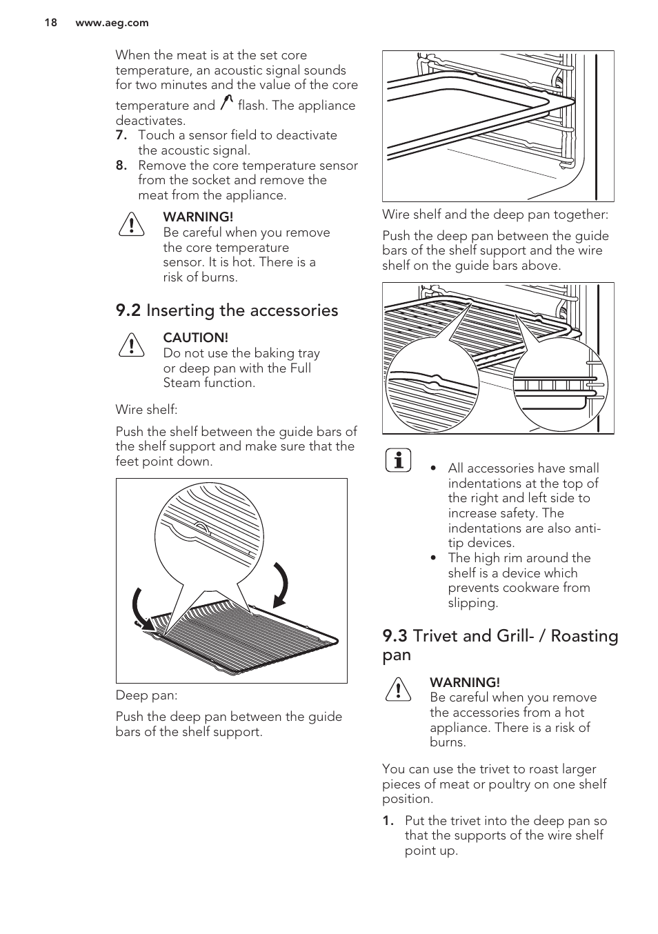 2 inserting the accessories, 3 trivet and grill- / roasting pan | AEG BS7304001M User Manual | Page 18 / 48