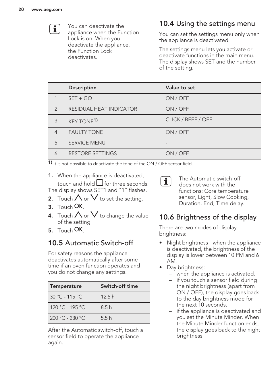 4 using the settings menu, 5 automatic switch-off, 6 brightness of the display | AEG BS7304001M User Manual | Page 20 / 48