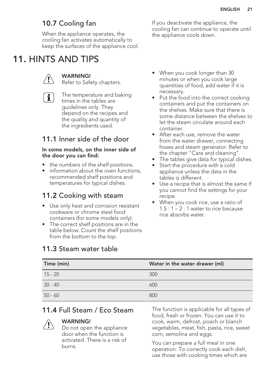 7 cooling fan, Hints and tips, 1 inner side of the door | 2 cooking with steam, 3 steam water table, 4 full steam / eco steam | AEG BS7304001M User Manual | Page 21 / 48