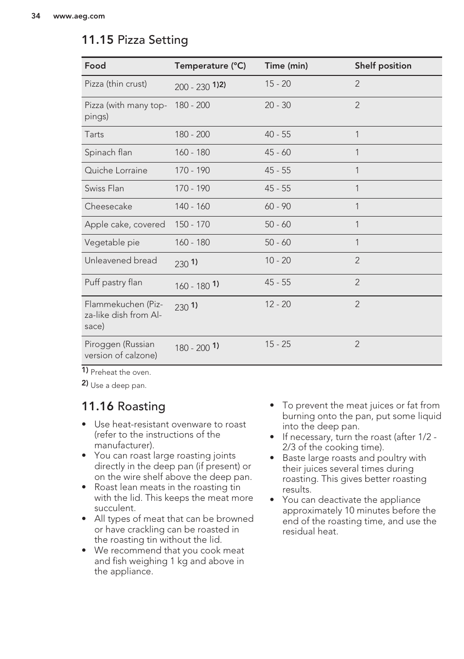 15 pizza setting, 16 roasting | AEG BS7304001M User Manual | Page 34 / 48