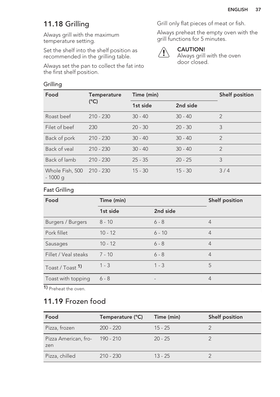 18 grilling, 19 frozen food | AEG BS7304001M User Manual | Page 37 / 48