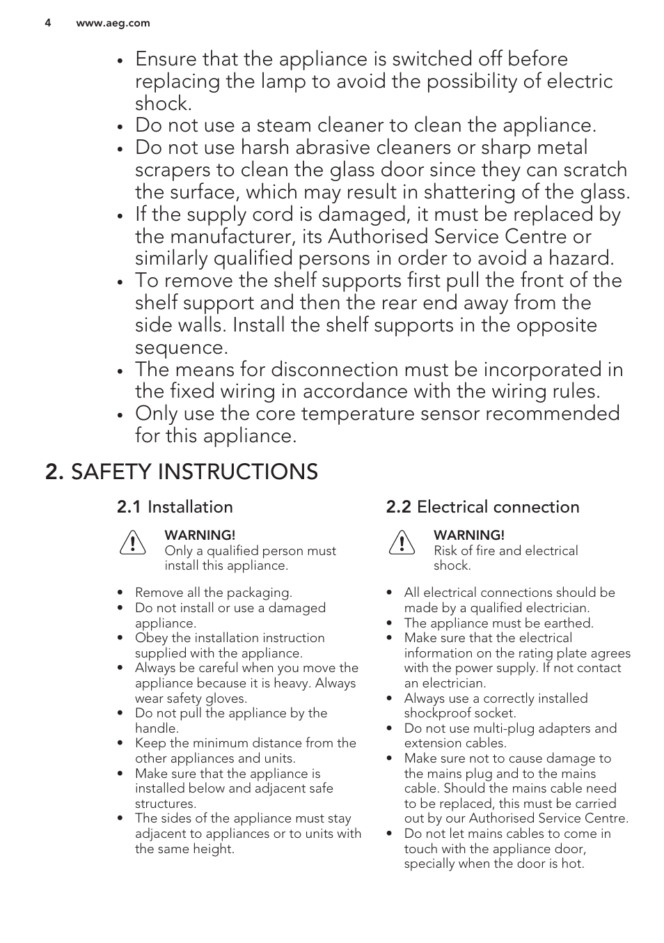 Safety instructions, 1 installation, 2 electrical connection | Do not use a steam cleaner to clean the appliance | AEG BS7304001M User Manual | Page 4 / 48