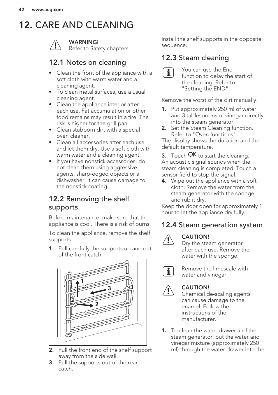Care and cleaning, 1 notes on cleaning, 2 removing the shelf supports | 3 steam cleaning, 4 steam generation system | AEG BS7304001M User Manual | Page 42 / 48