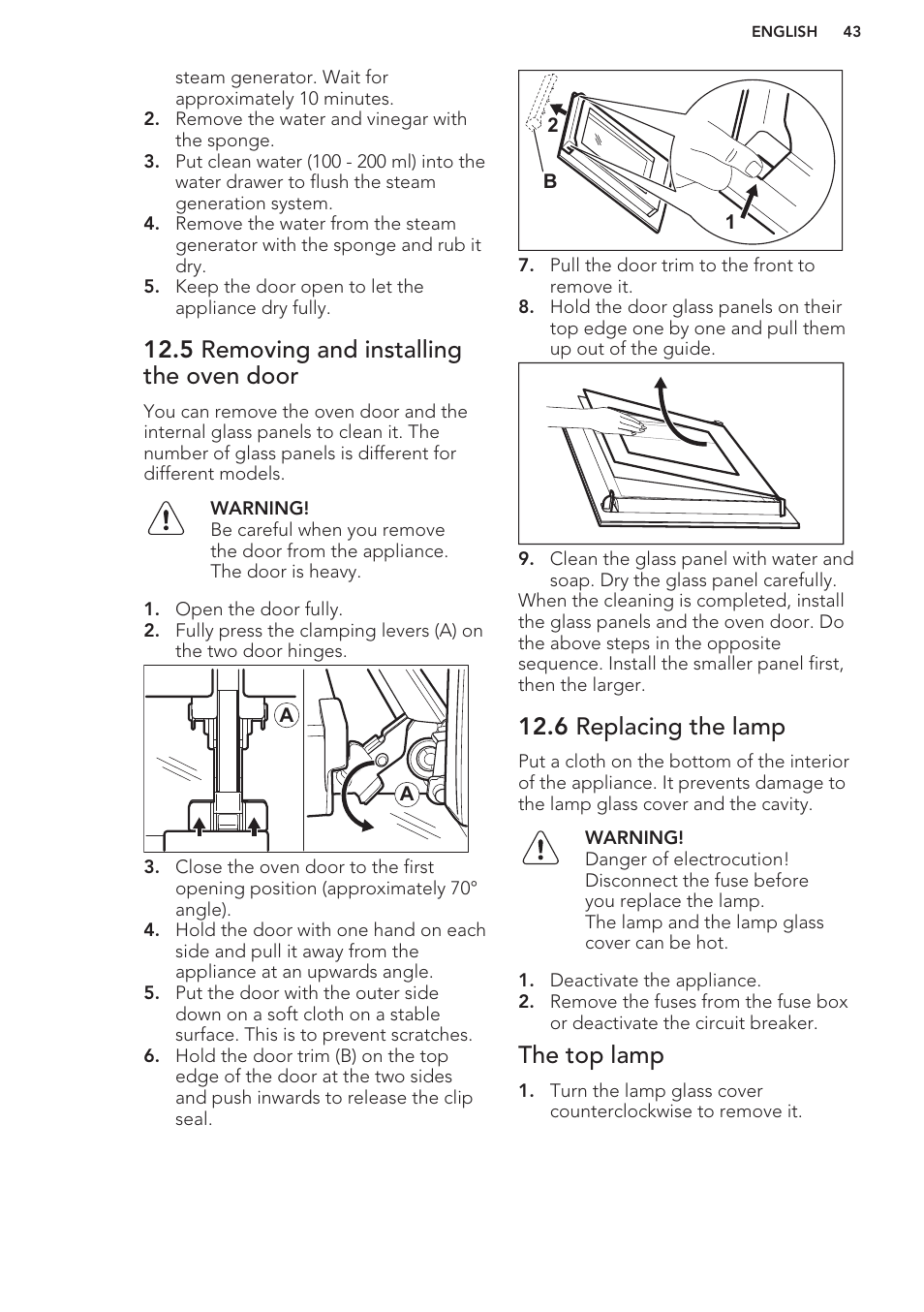 5 removing and installing the oven door, 6 replacing the lamp, The top lamp | AEG BS7304001M User Manual | Page 43 / 48