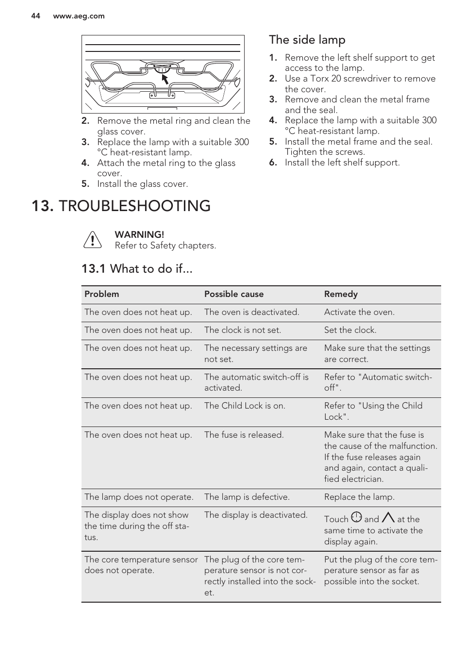 The side lamp, Troubleshooting, 1 what to do if | AEG BS7304001M User Manual | Page 44 / 48