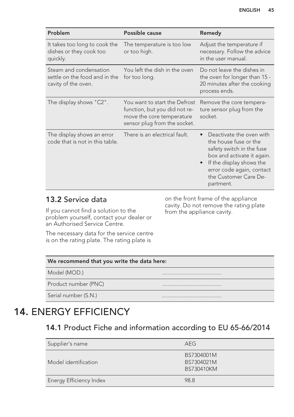 2 service data, Energy efficiency | AEG BS7304001M User Manual | Page 45 / 48