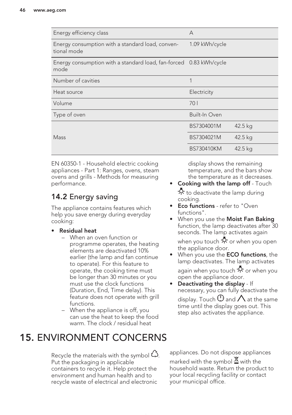 2 energy saving, Environment concerns | AEG BS7304001M User Manual | Page 46 / 48