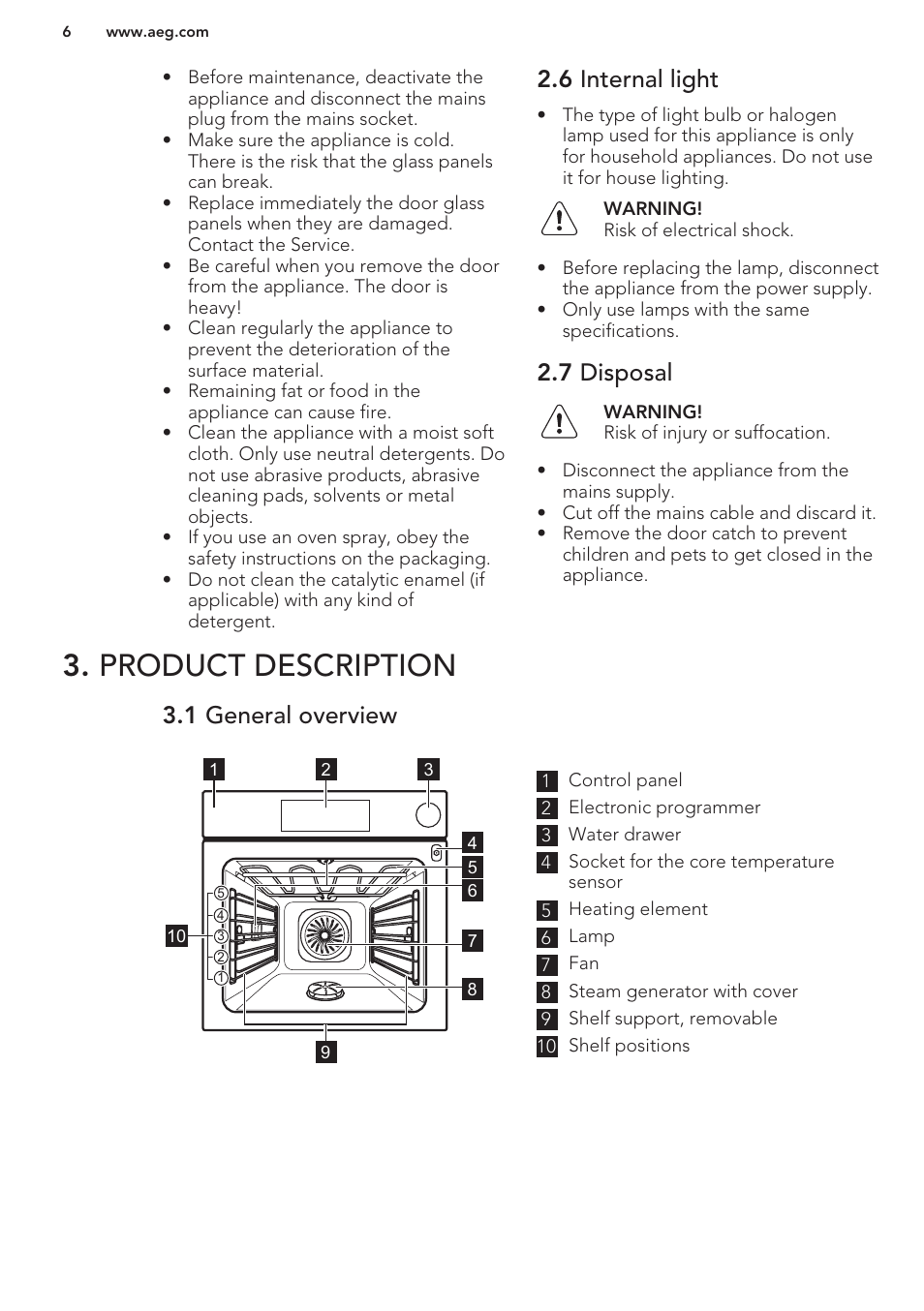 6 internal light, 7 disposal, Product description | 1 general overview | AEG BS7304001M User Manual | Page 6 / 48