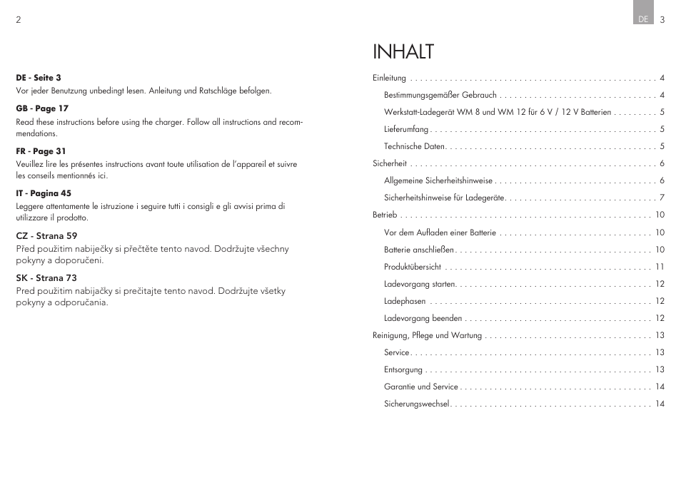 Inhalt | AEG Workshop charger WM 8 User Manual | Page 2 / 45