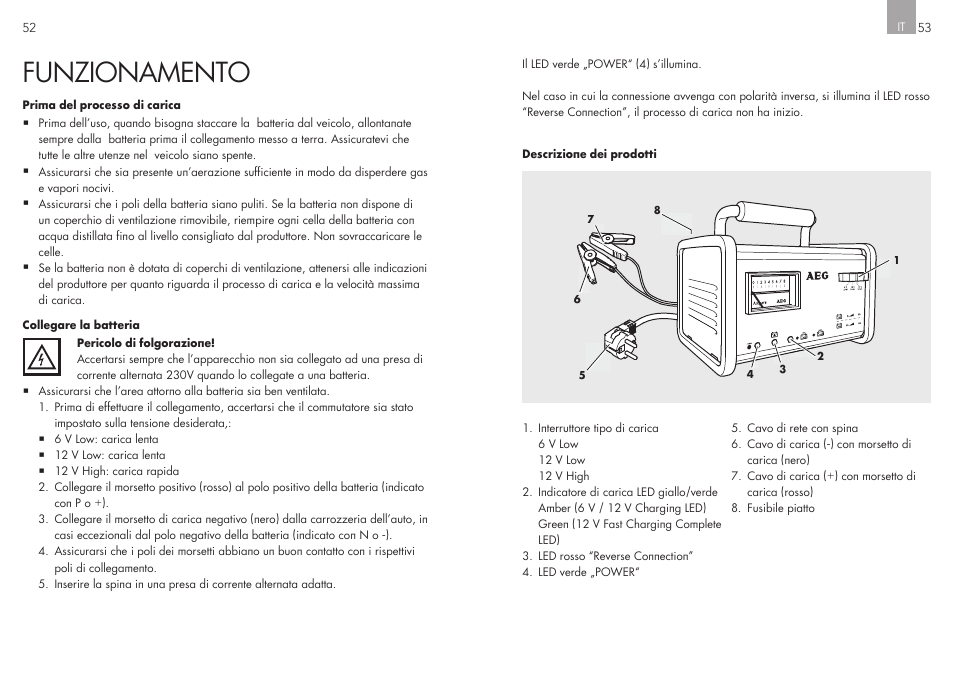 Funzionamento | AEG Workshop charger WM 8 User Manual | Page 27 / 45