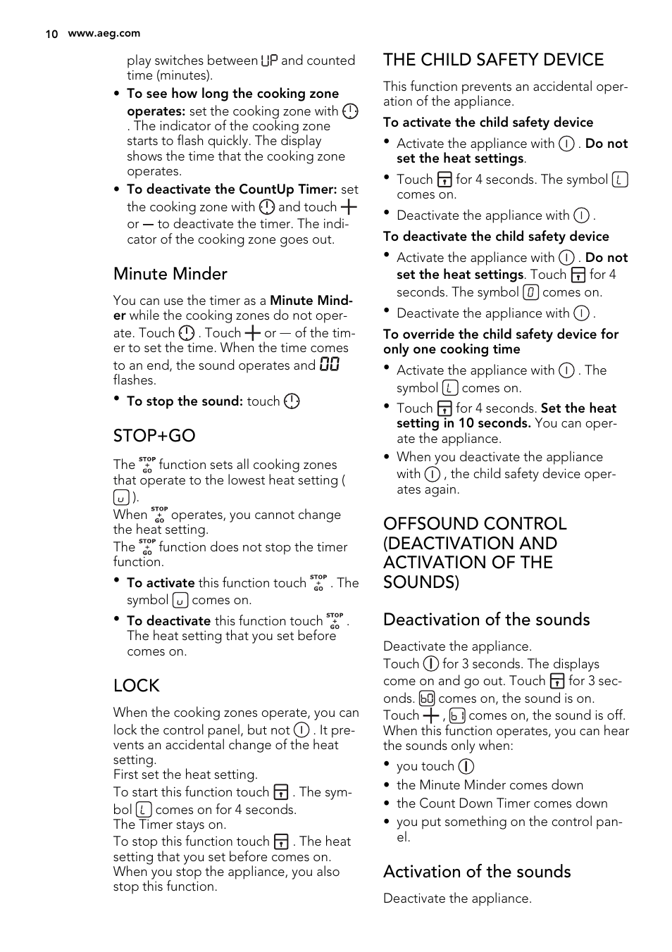 Minute minder, Stop+go, Lock | The child safety device, Activation of the sounds | AEG HK854320FB User Manual | Page 10 / 20