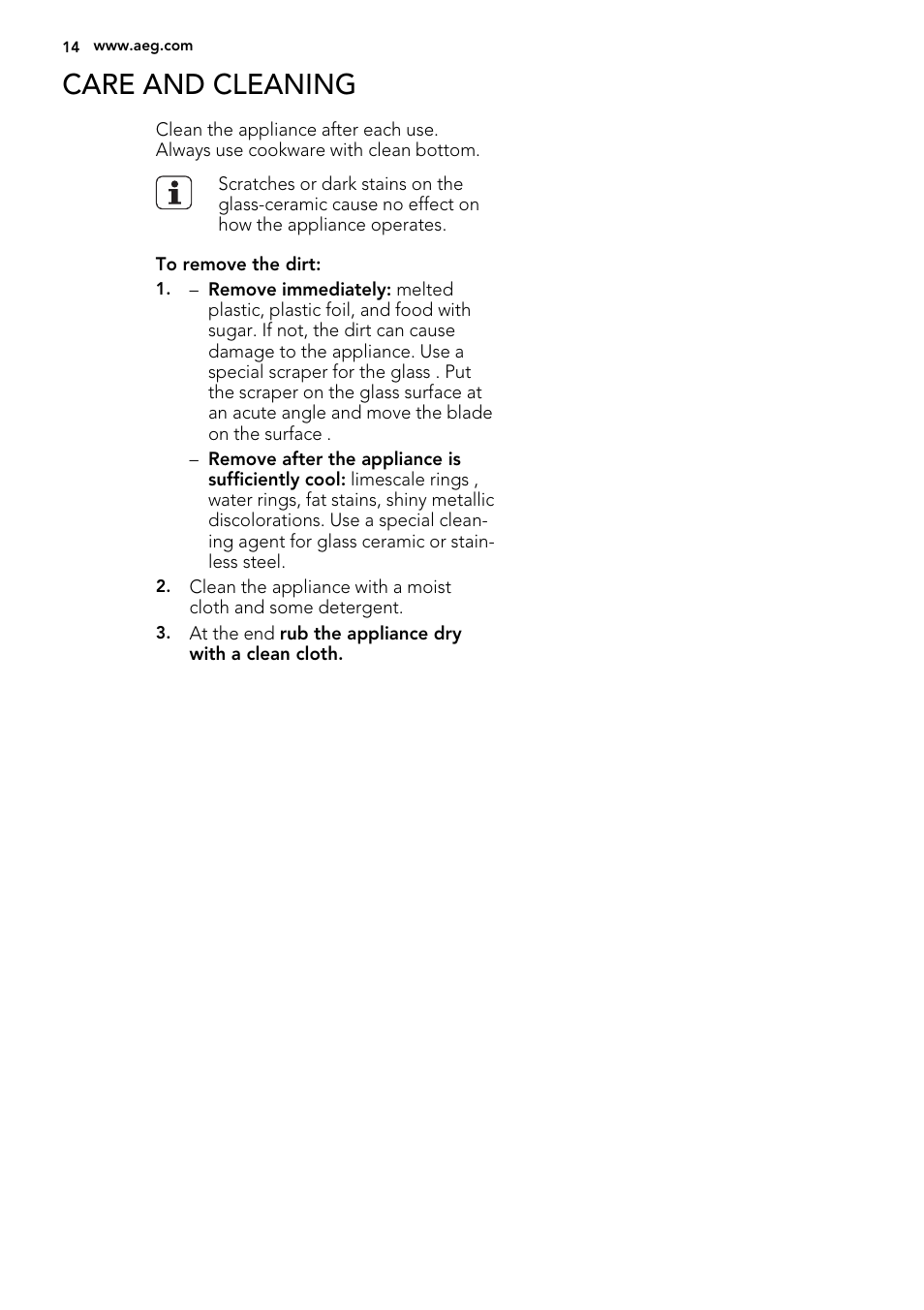 Care and cleaning | AEG HK854320FB User Manual | Page 14 / 20
