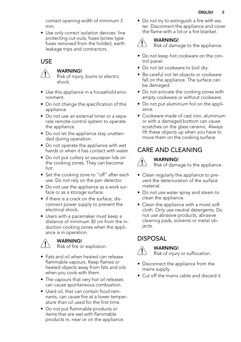 Care and cleaning, Disposal | AEG HK854320FB User Manual | Page 5 / 20