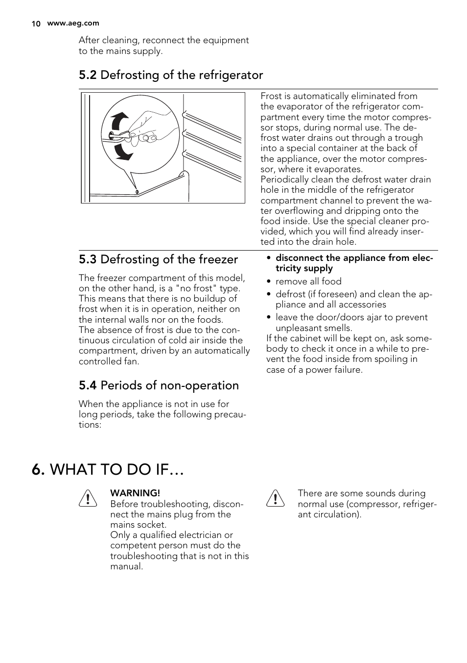 What to do if, 2 defrosting of the refrigerator, 3 defrosting of the freezer | 4 periods of non-operation | AEG SCS71800F0 User Manual | Page 10 / 24