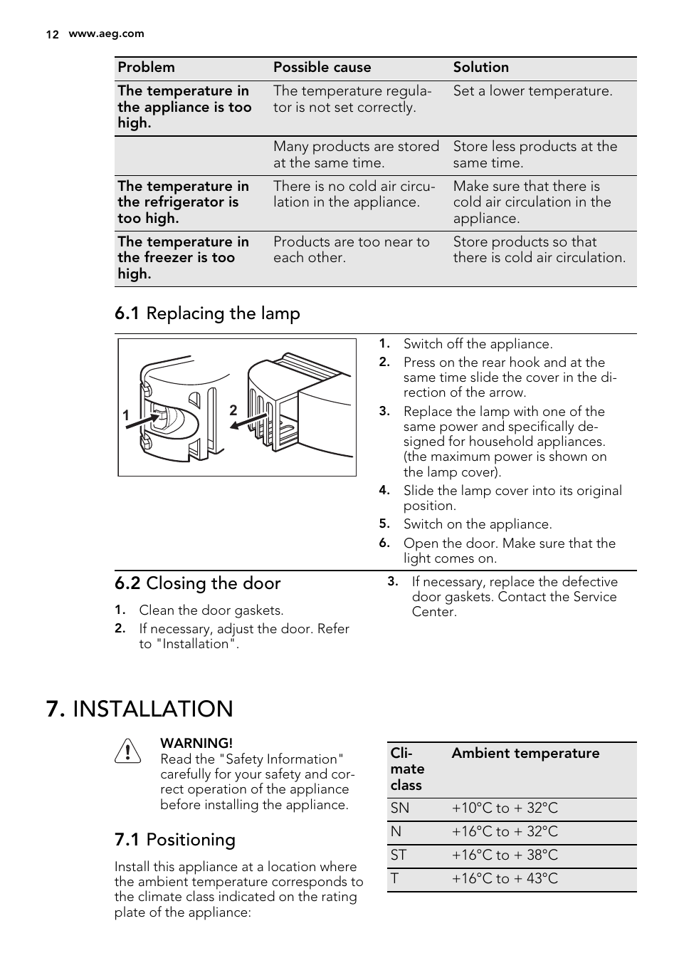 Installation, 1 replacing the lamp, 2 closing the door | 1 positioning | AEG SCS71800F0 User Manual | Page 12 / 24