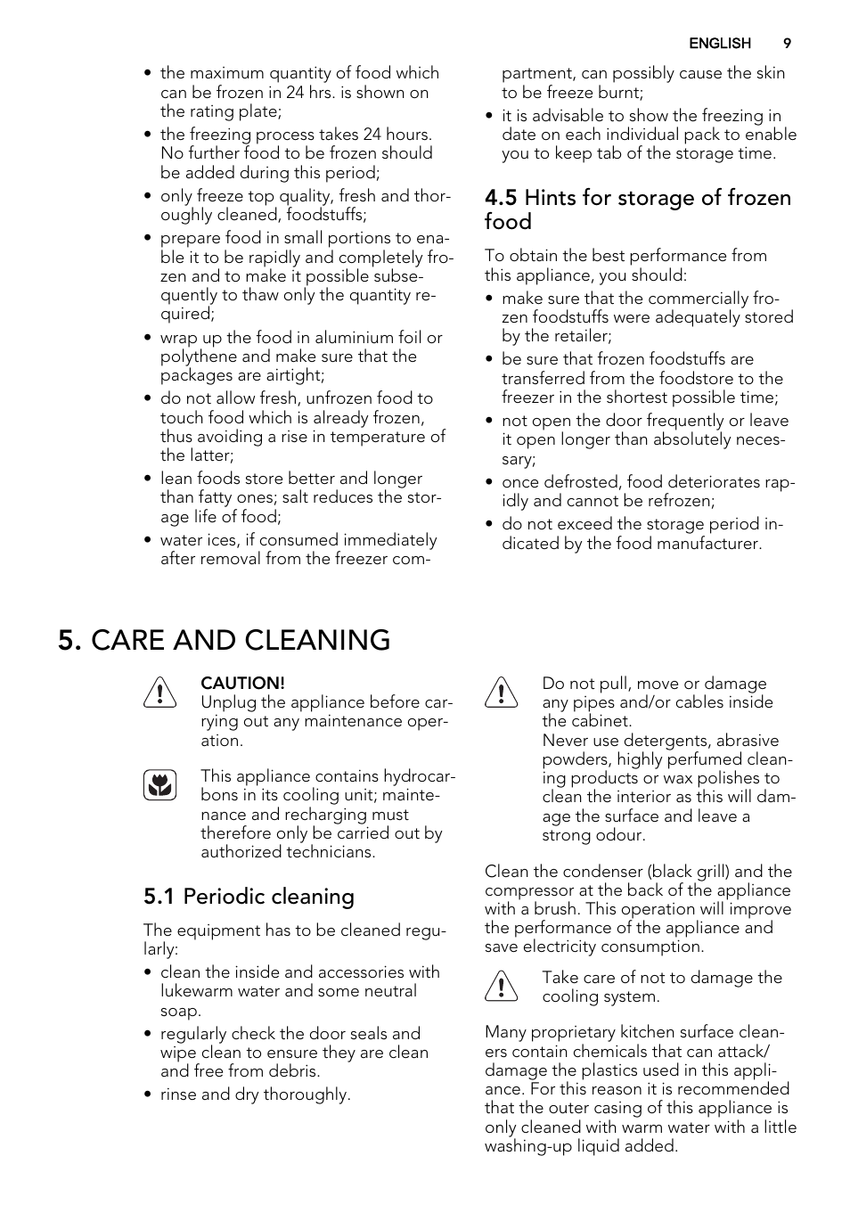 Care and cleaning, 5 hints for storage of frozen food, 1 periodic cleaning | AEG SCS71800F0 User Manual | Page 9 / 24