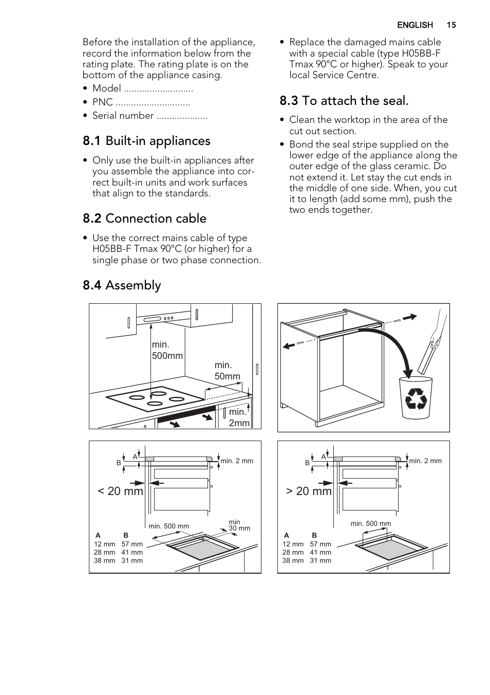 1 built-in appliances, 2 connection cable, 3 to attach the seal | 4 assembly, 20 mm | AEG HK874400FB User Manual | Page 15 / 20