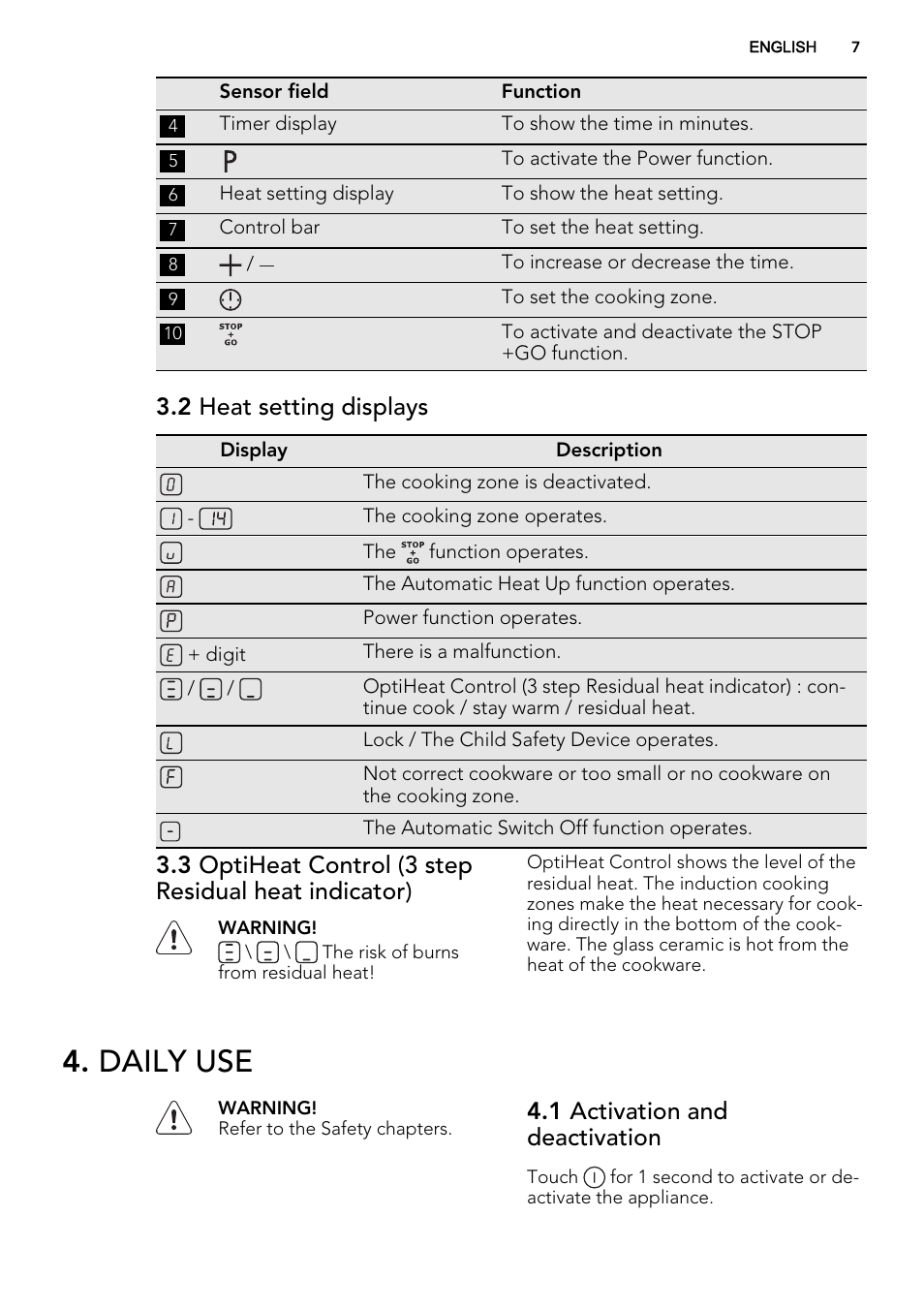 Daily use, 2 heat setting displays, 1 activation and deactivation | AEG HK874400FB User Manual | Page 7 / 20