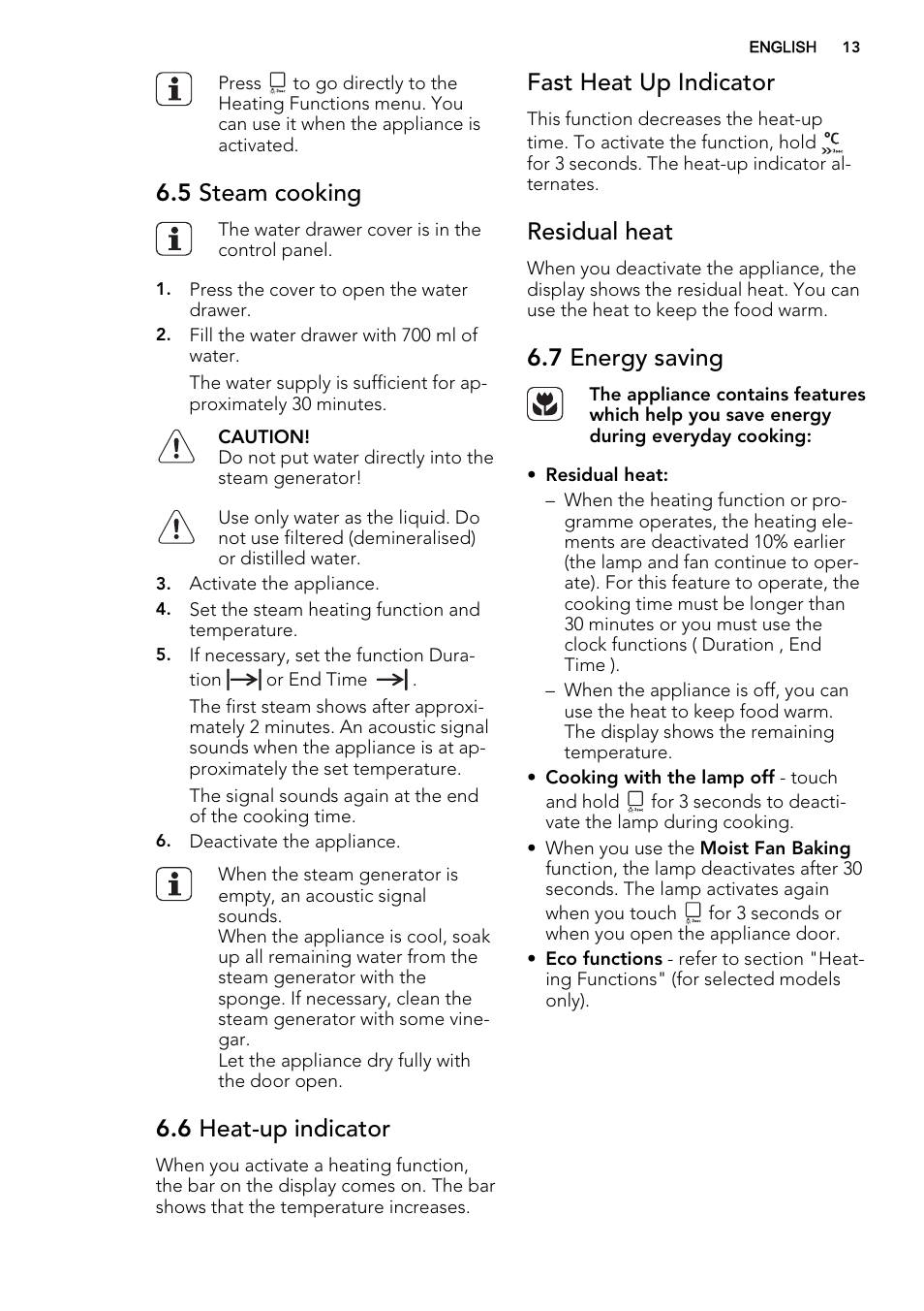 5 steam cooking, 6 heat-up indicator, Fast heat up indicator | Residual heat, 7 energy saving | AEG KS8400501M User Manual | Page 13 / 52