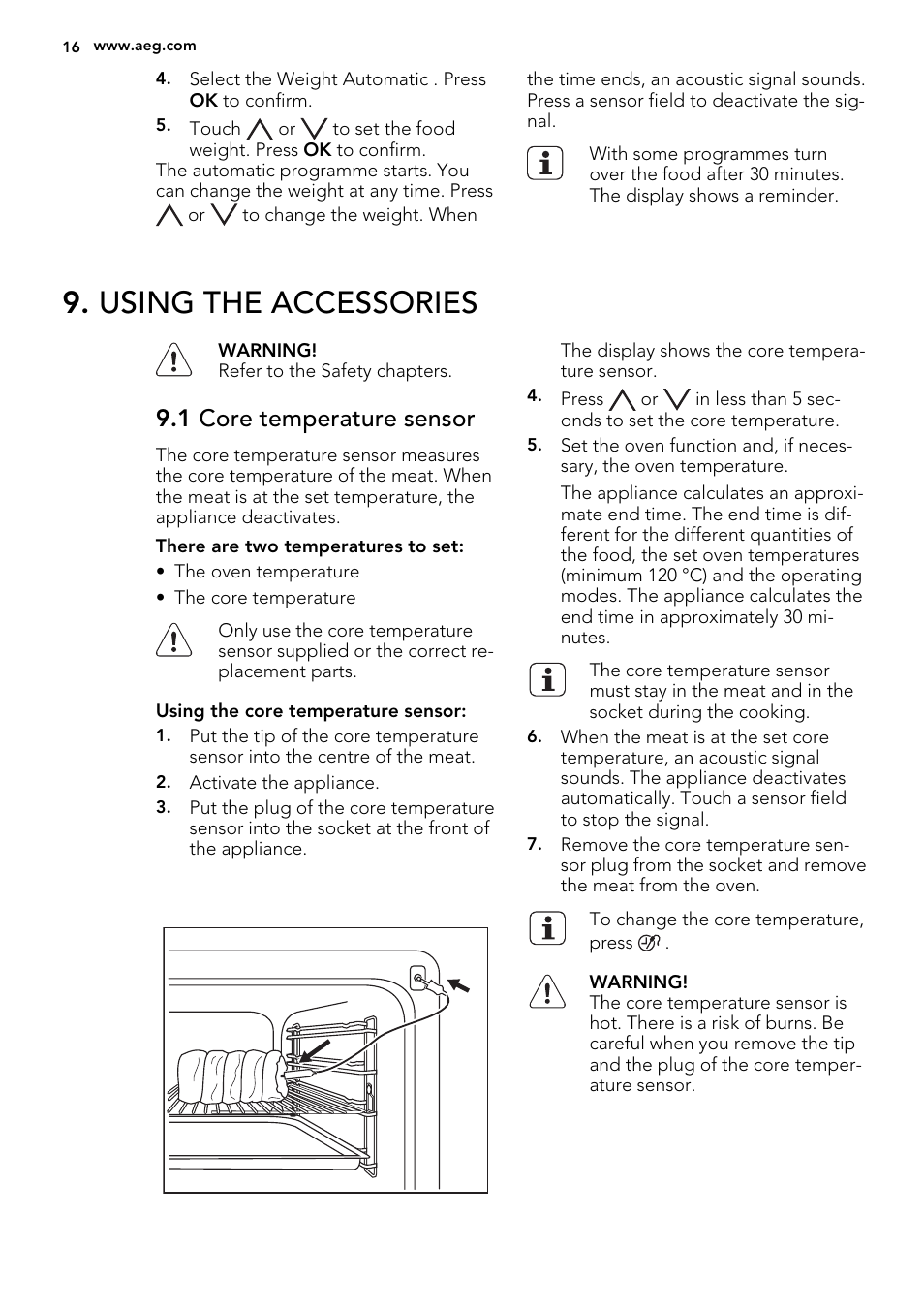 Using the accessories, 1 core temperature sensor | AEG KS8400501M User Manual | Page 16 / 52