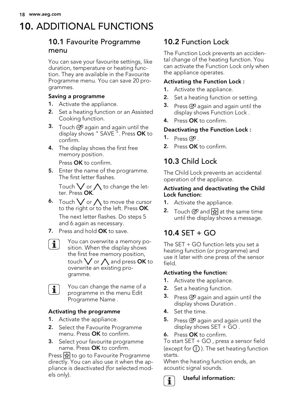 Additional functions, 1 favourite programme menu, 2 function lock | 3 child lock, 4 set + go | AEG KS8400501M User Manual | Page 18 / 52