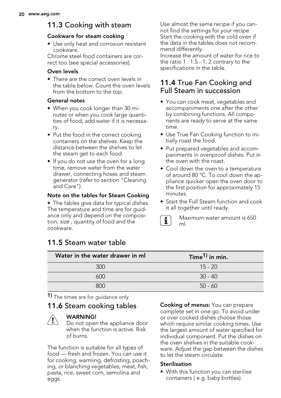 3 cooking with steam, 4 true fan cooking and full steam in succession, 5 steam water table | 6 steam cooking tables | AEG KS8400501M User Manual | Page 20 / 52