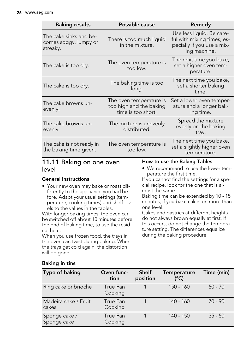 11 baking on one oven level | AEG KS8400501M User Manual | Page 26 / 52