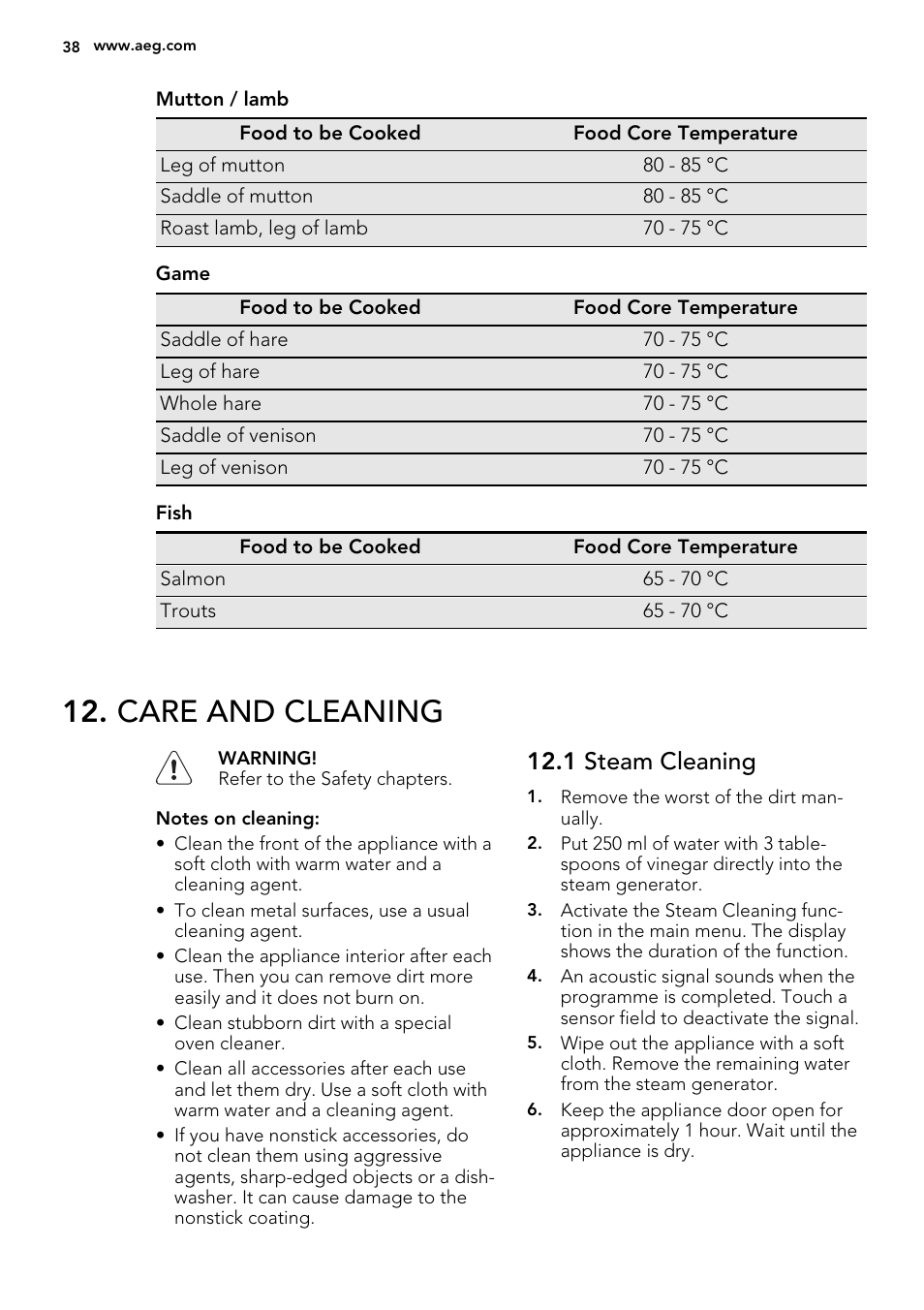 Care and cleaning, 1 steam cleaning | AEG KS8400501M User Manual | Page 38 / 52
