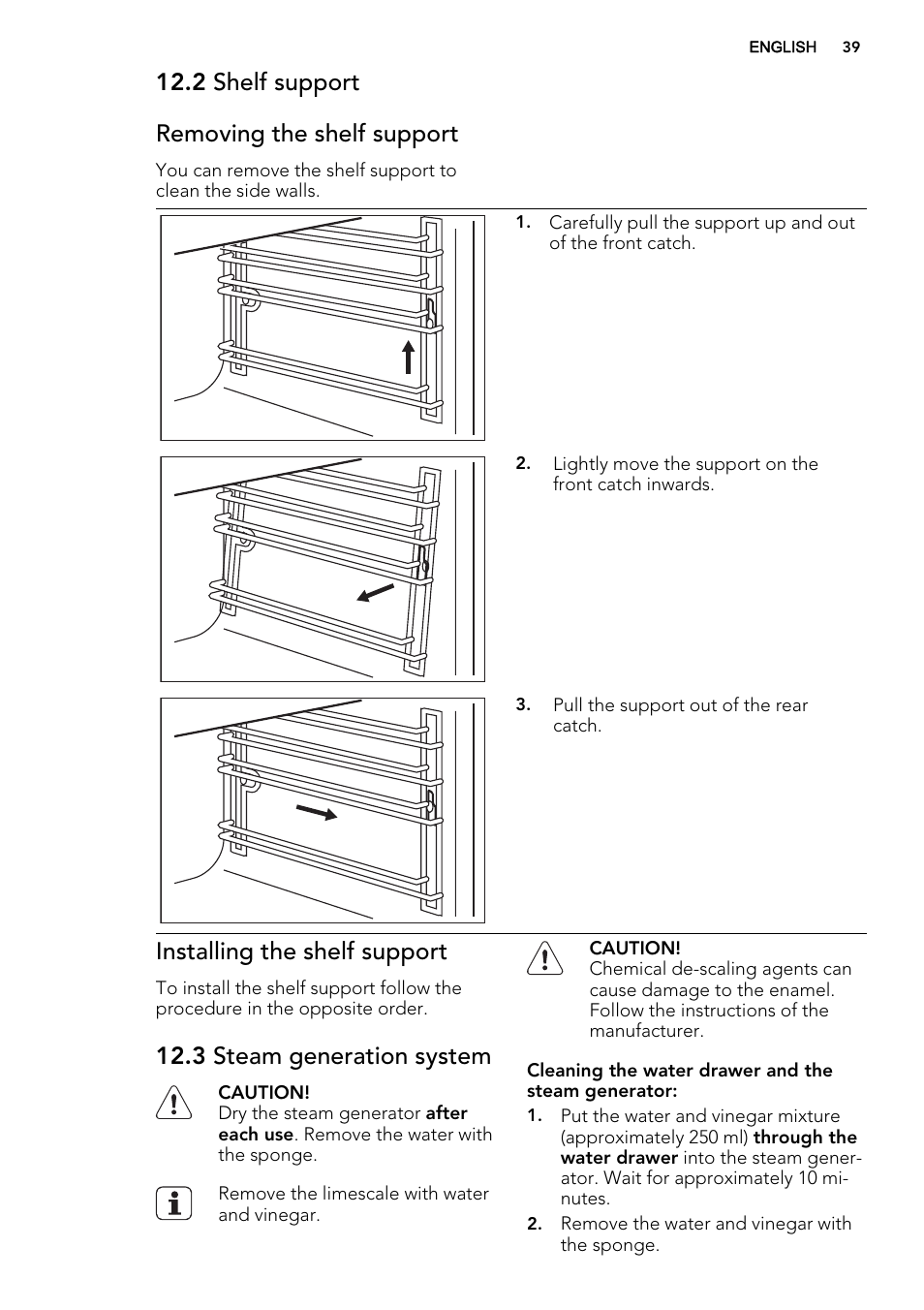 2 shelf support removing the shelf support, Installing the shelf support, 3 steam generation system | AEG KS8400501M User Manual | Page 39 / 52