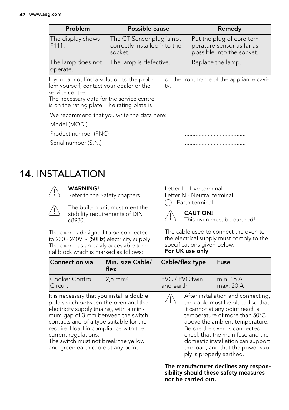 Installation | AEG KS8400501M User Manual | Page 42 / 52