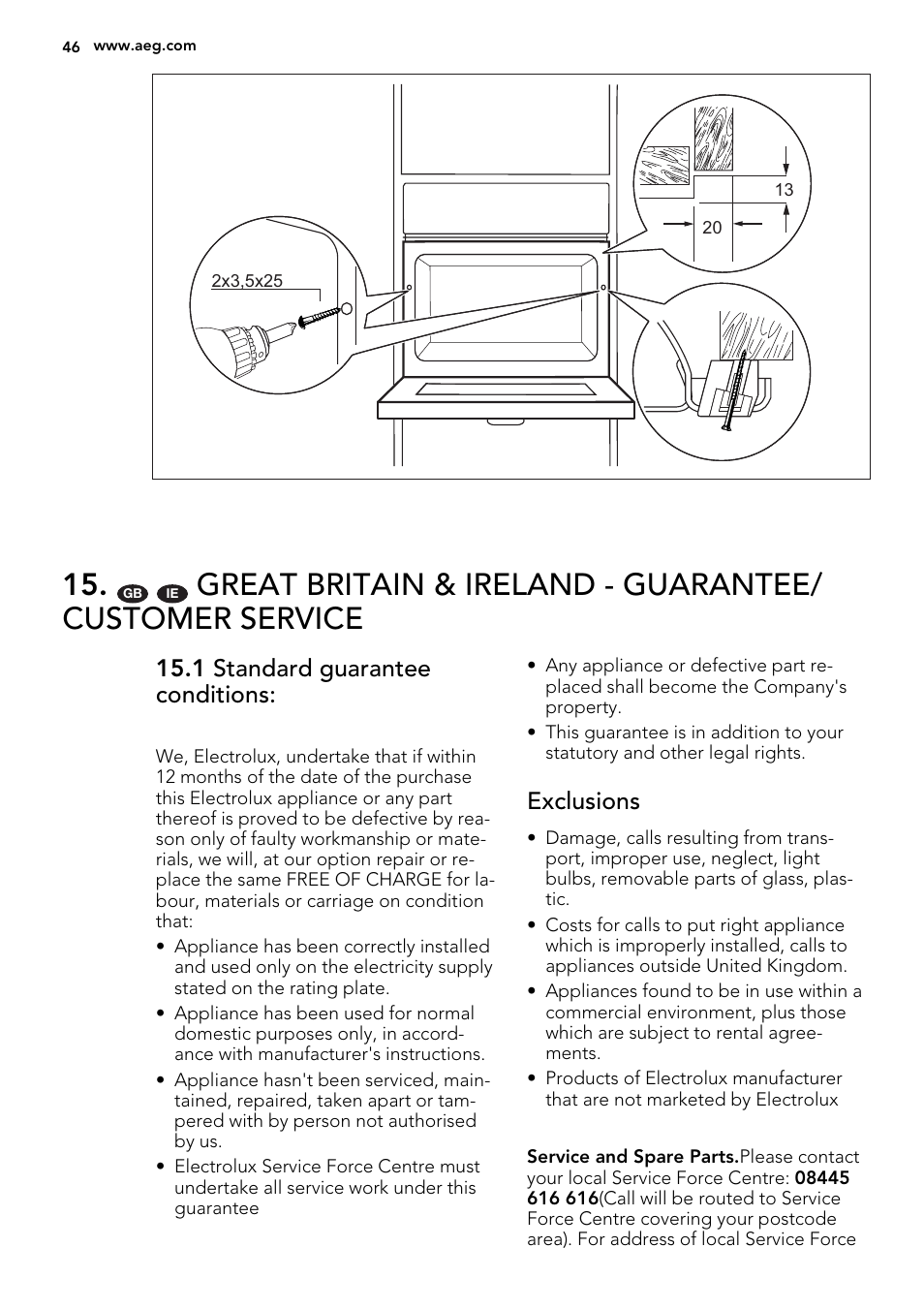 1 standard guarantee conditions, Exclusions | AEG KS8400501M User Manual | Page 46 / 52