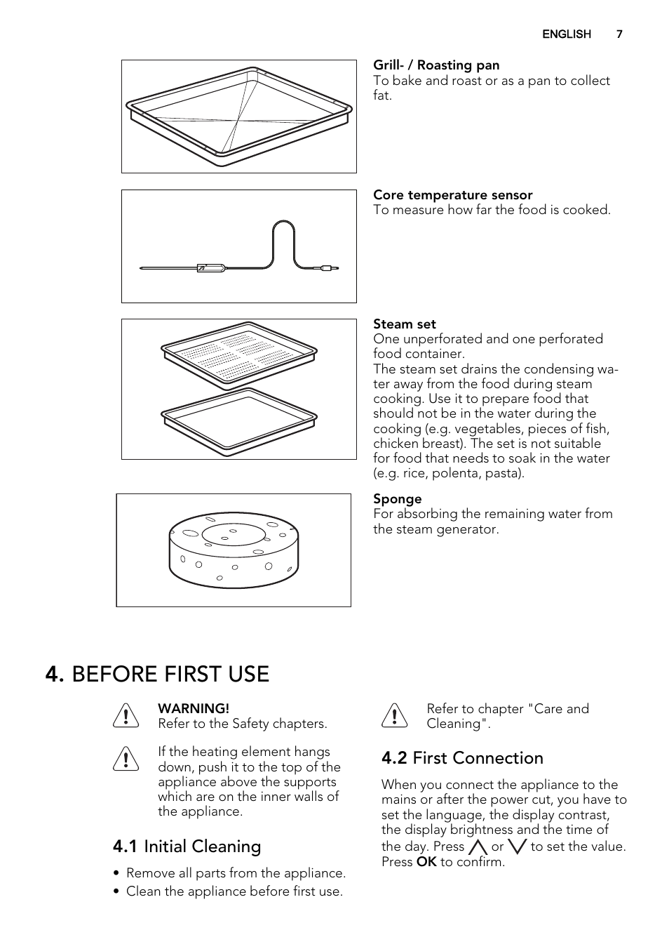 Before first use, 1 initial cleaning, 2 first connection | AEG KS8400501M User Manual | Page 7 / 52