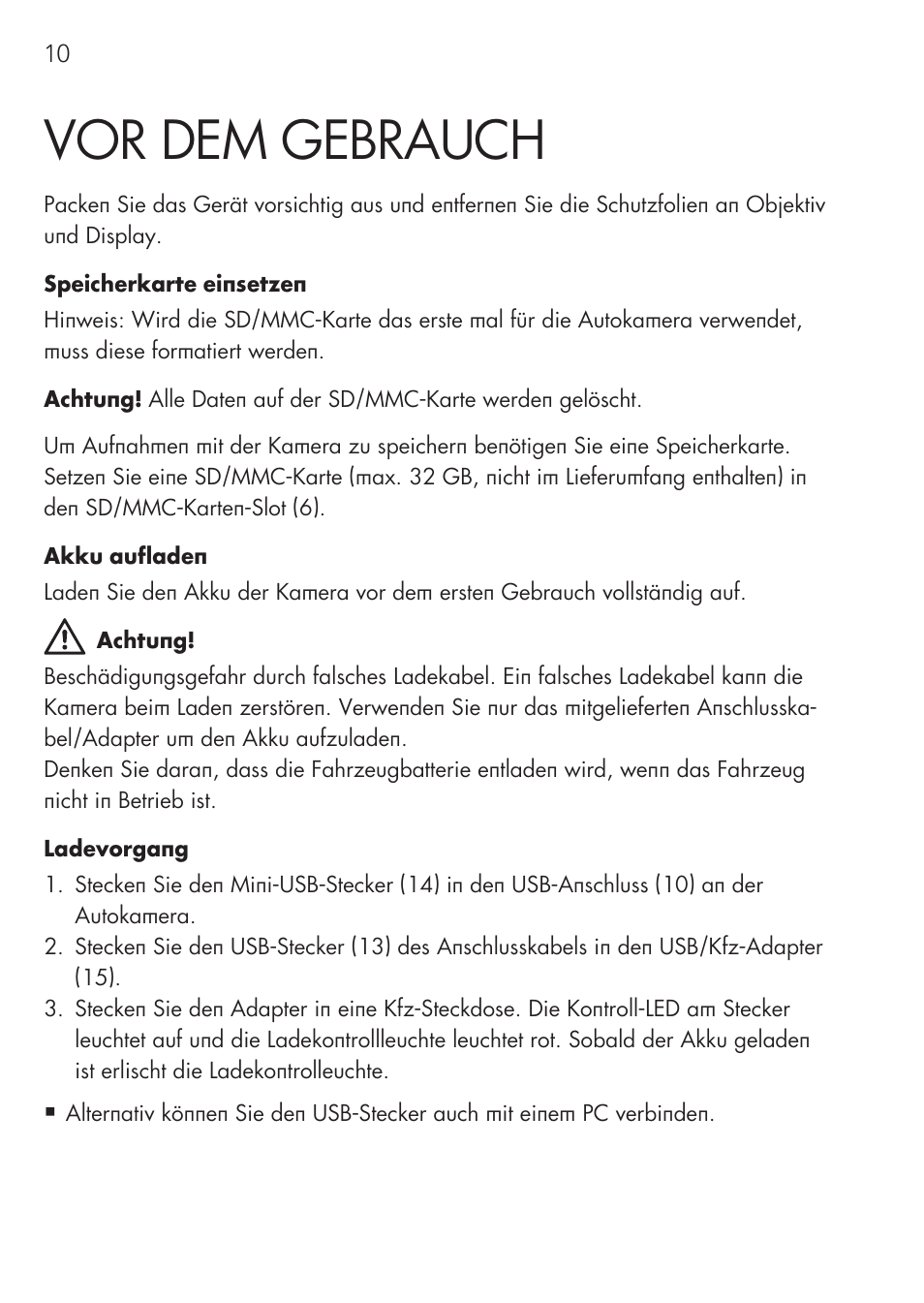 Vor dem gebrauch | AEG Cockpit-Camera GF 25 User Manual | Page 10 / 100