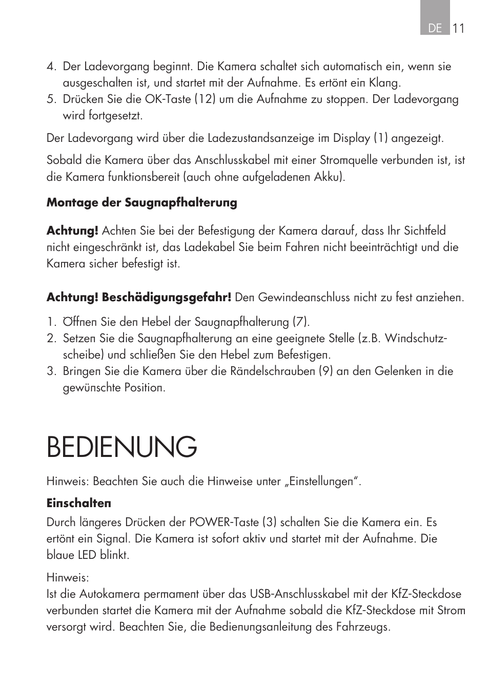 Bedienung | AEG Cockpit-Camera GF 25 User Manual | Page 11 / 100