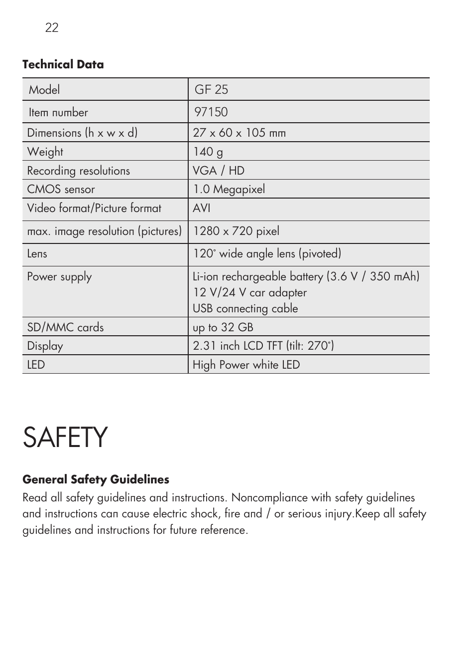 Safety | AEG Cockpit-Camera GF 25 User Manual | Page 22 / 100