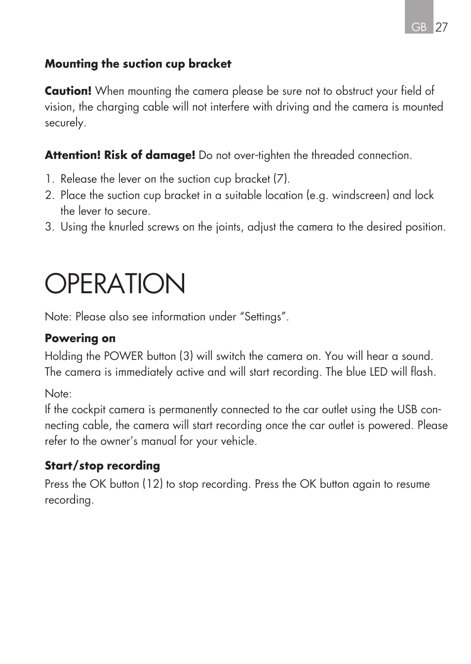 Operation | AEG Cockpit-Camera GF 25 User Manual | Page 27 / 100