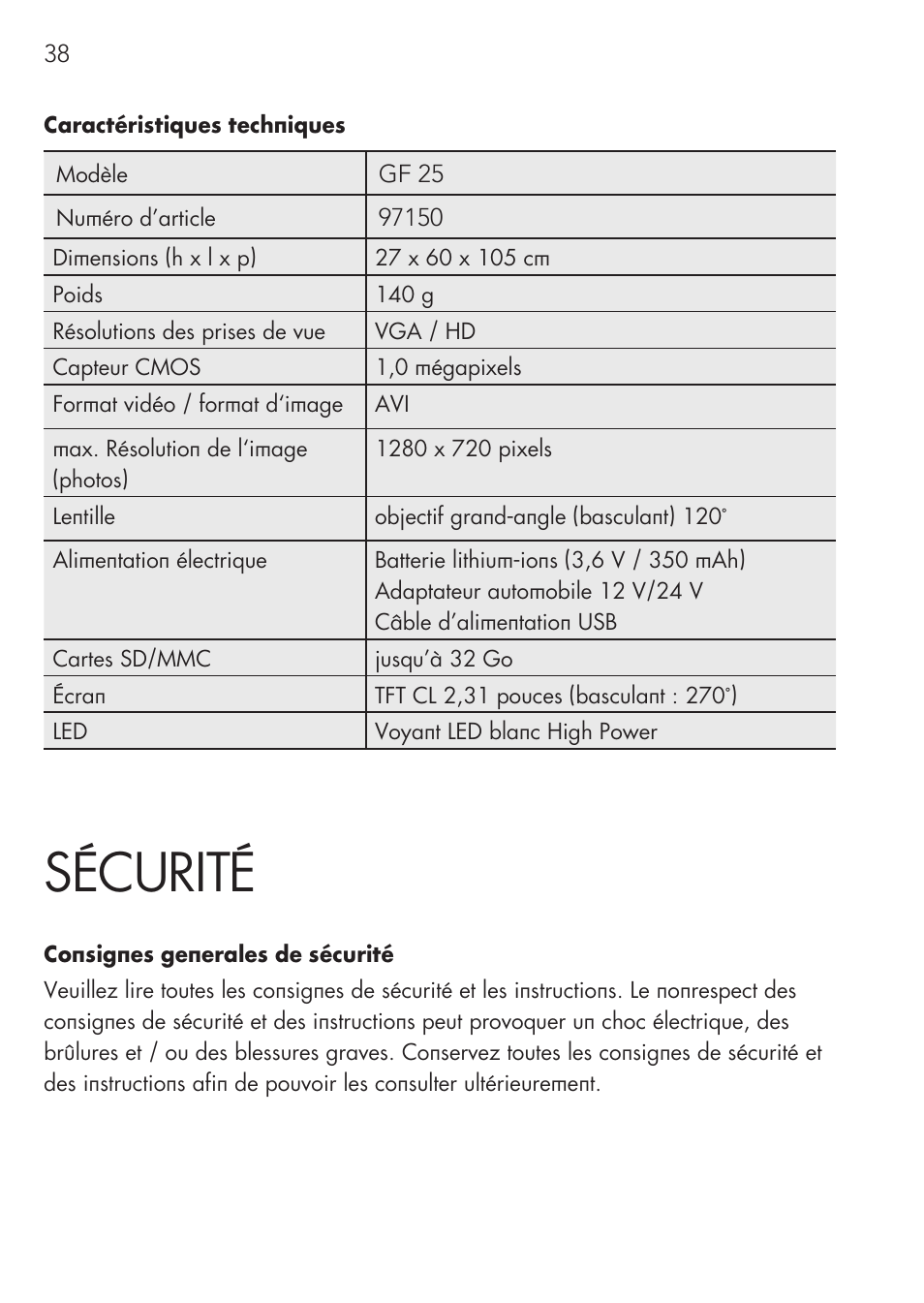 Sécurité | AEG Cockpit-Camera GF 25 User Manual | Page 38 / 100