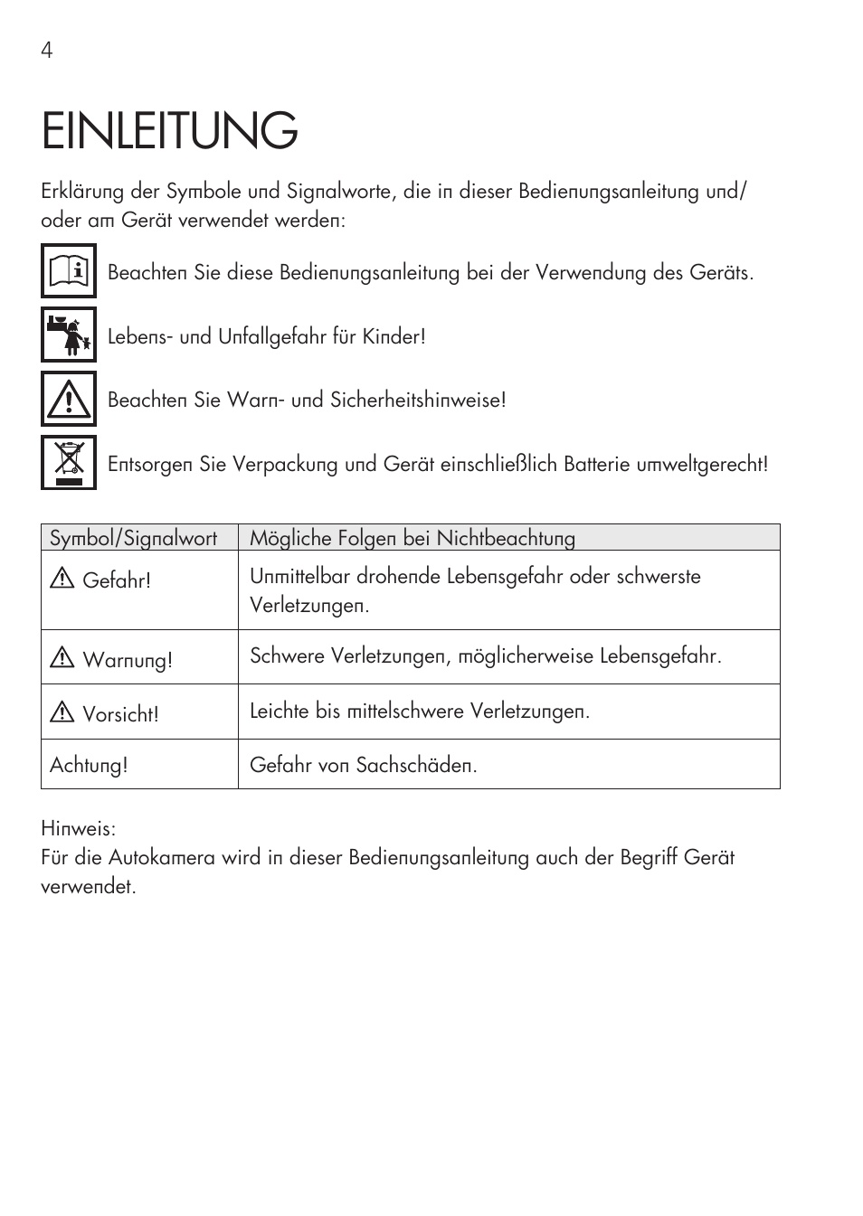 Einleitung | AEG Cockpit-Camera GF 25 User Manual | Page 4 / 100