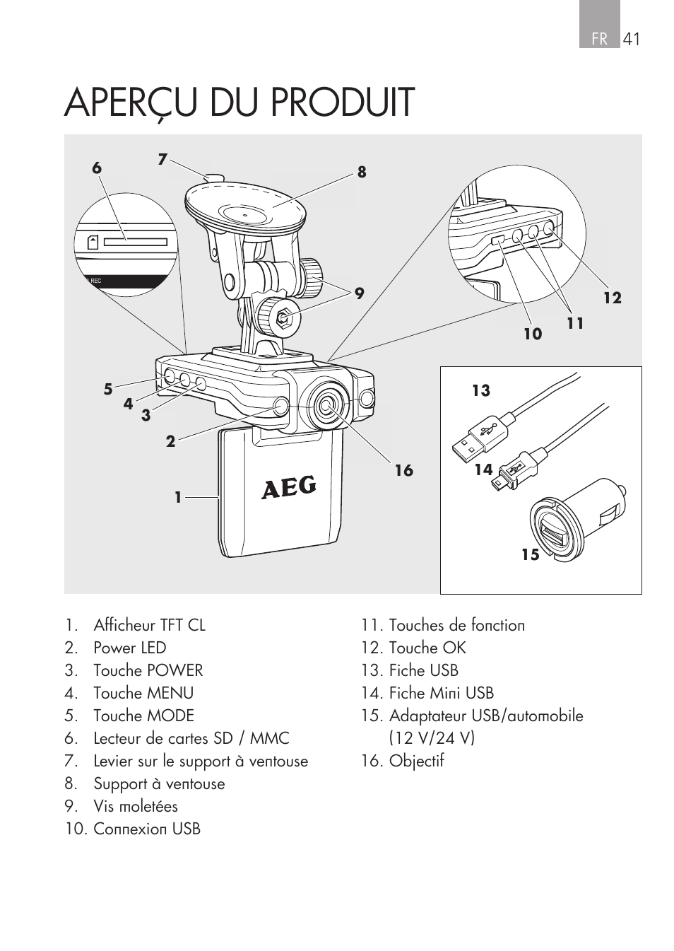 Aperçu du produit, Fr 41 | AEG Cockpit-Camera GF 25 User Manual | Page 41 / 100
