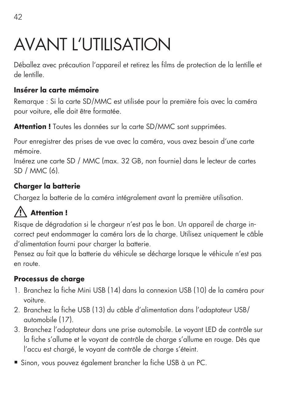 Avant l‘utilisation | AEG Cockpit-Camera GF 25 User Manual | Page 42 / 100