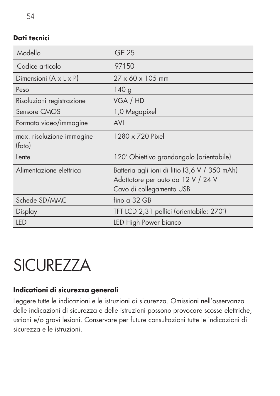 Sicurezza | AEG Cockpit-Camera GF 25 User Manual | Page 54 / 100