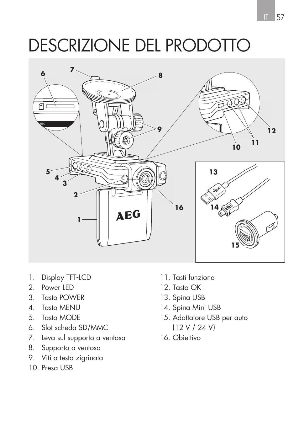Descrizione del prodotto, It 57 | AEG Cockpit-Camera GF 25 User Manual | Page 57 / 100