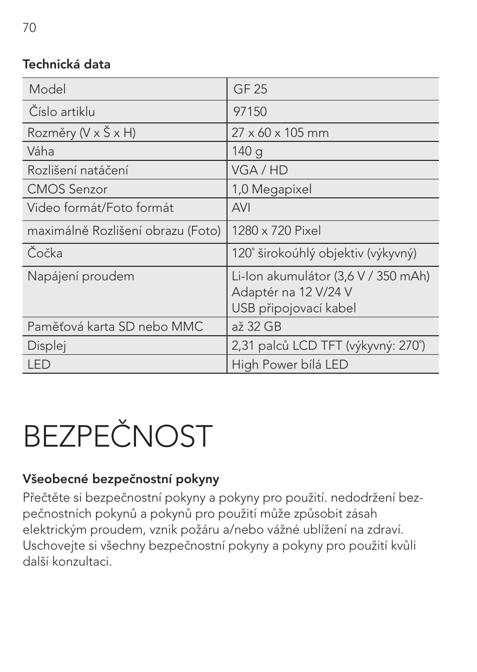 Bezpečnost | AEG Cockpit-Camera GF 25 User Manual | Page 70 / 100