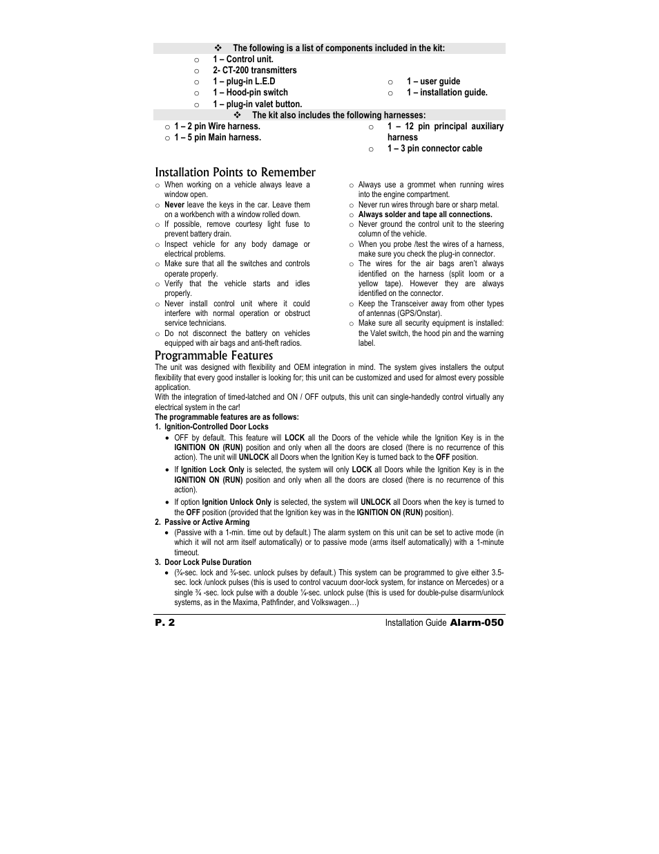 Installation points to remember, Programmable features | Autostart CT-1010 User Manual | Page 2 / 8