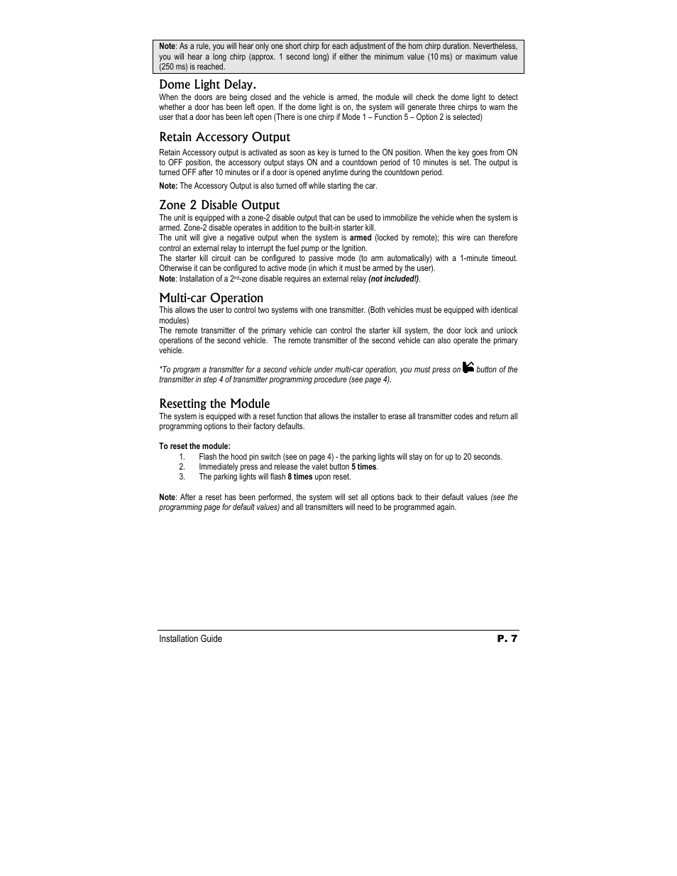 Dome light delay, Retain accessory output, Zone 2 disable output | Multi-car operation, Resetting the module | Autostart CT-1010 User Manual | Page 7 / 8